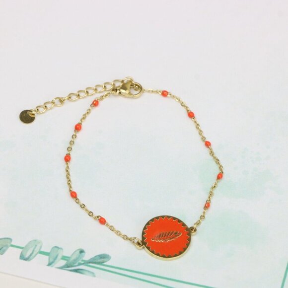 Gold Plated Yellow Bracelet with Orange Leaf Charm, Adjustable Size, XPBL0629 - Picture 2 of 12